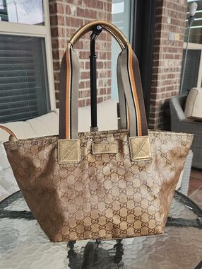 Gucci Gold Brown Monogram Tote with Striped Handles